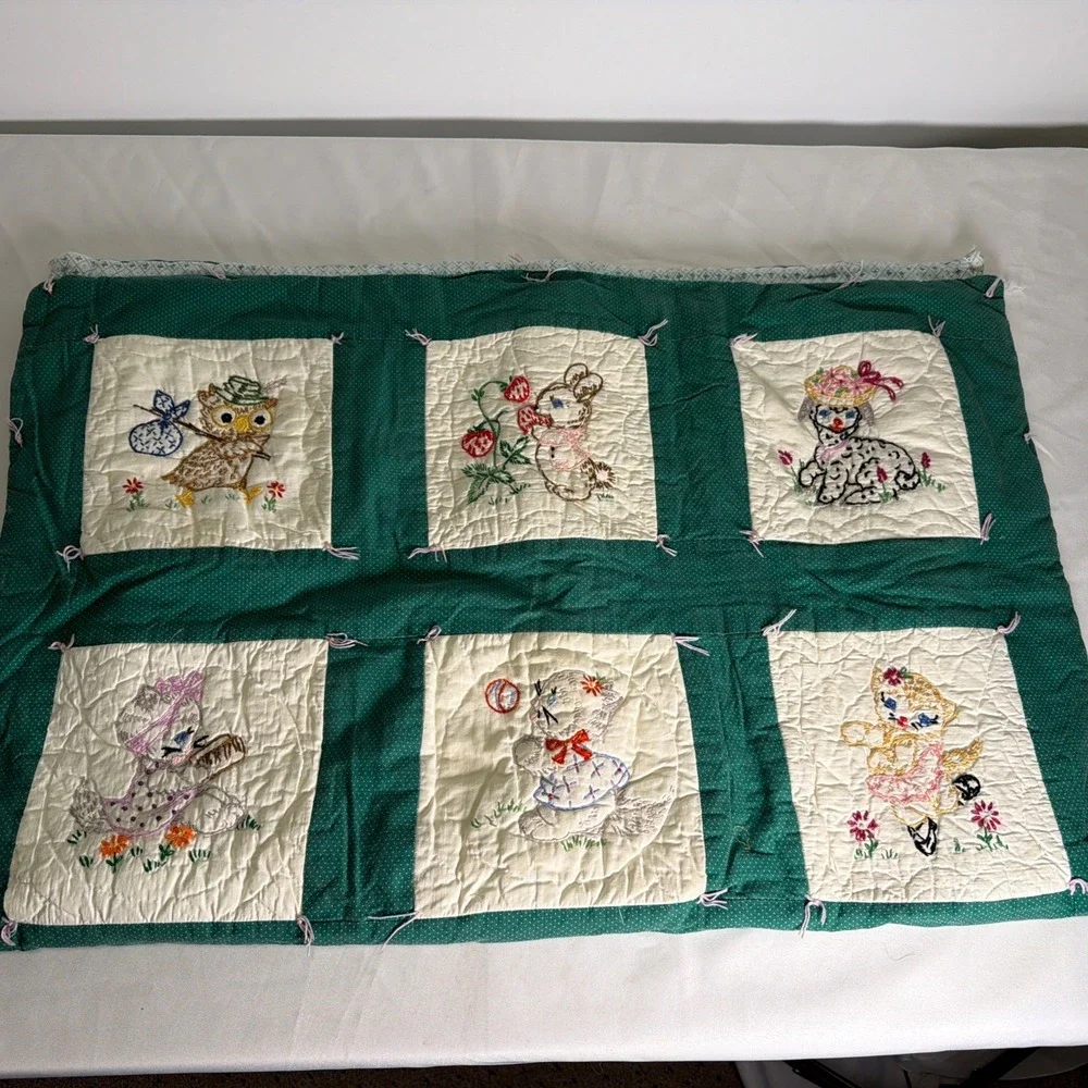 Vintage Handmade Embroidered Crib Quilt Playful Animals Green White
